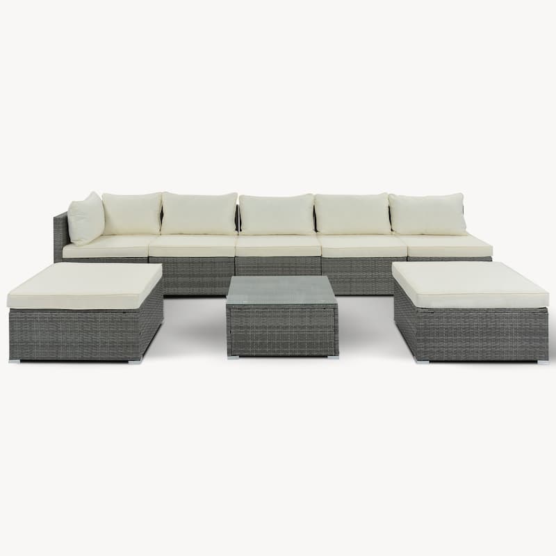 Contemporary 8-Piece Outdoor Patio Furniture Set with Tempered Glass Table