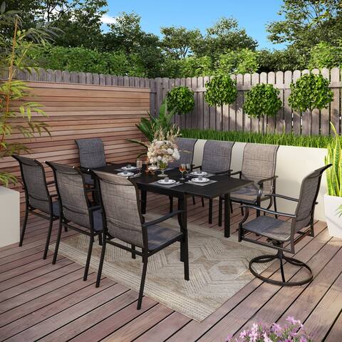 9-Piece Padded Textilene Chairs with Wave Arms & Expandable Table Patio Dining Set