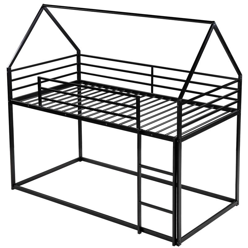 Twin Size Metal House Bunk Bed with Built-in Ladder, Black - Space-Saving Kids Bedroom Furniture