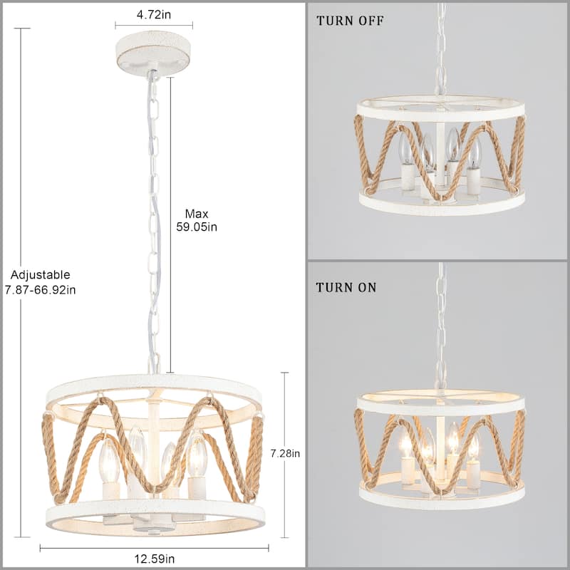 4-Light Drum-shaped Chandelier with Hemp Rope for Kitchen Living Room