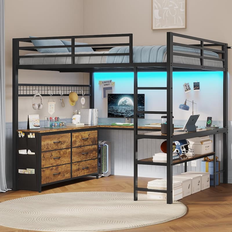 Loft Bed with Full Size U-Shaped Desk 6 Drawers Power Outlet 2 Storage Shelves - Brown