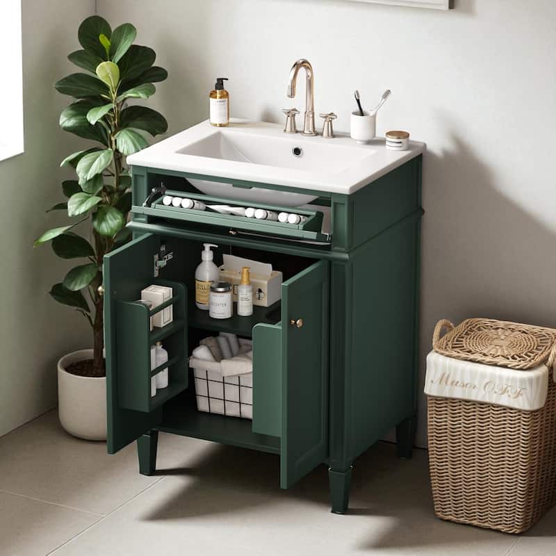 24'' Bathroom Vanity with Sink, Freestanding Storage Cabinet with 2 Doors, Tip-Out Drawer & Soft-Close Organizers