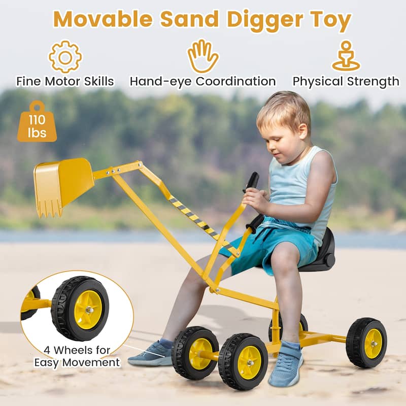 Kids Ride-On Sand Digger Toy with Rotating Seat and Bucket, Metal Frame Excavator for Ages 3+ - 48" x 16" x 26"