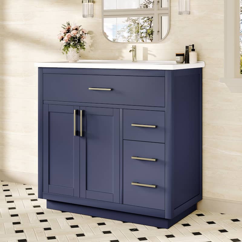 36" Free-Standing Bathroom Vanity with Marble Countertop-Soft-Close Drawers & Cabinet - Blue