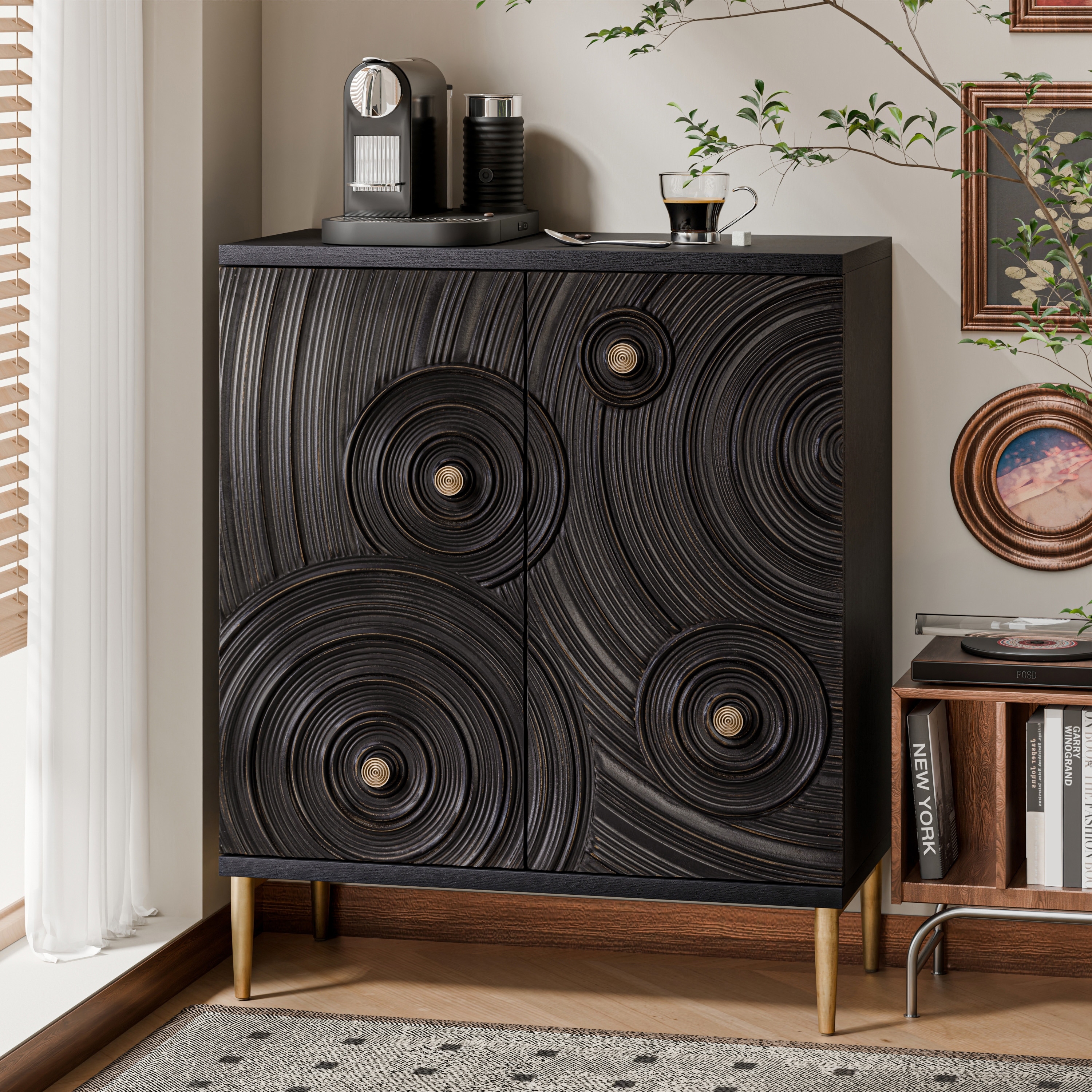 COZAYH Farmhouse 2 Door Embossed Storage Cabinet with Ring Motif, Distressed Boho Storage Buffet Cabinet