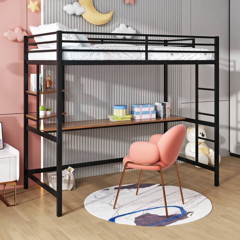 Modern Twin Metal Loft Bed with Desk and Shelve - Black