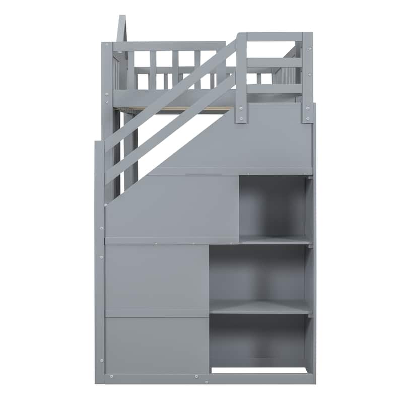 Full Size Wooden Loft Bunk Bed with Table, Seats, and Storage Shelves