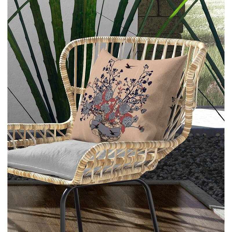 Elegant Floral Bouquet Indoor/Outdoor Reversible Throw Pillow Gray and Almond