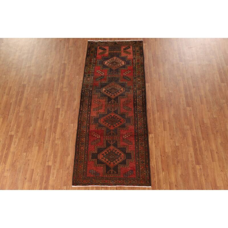 Hamedan Persian Vintage Runner Rug Handmade Wool Carpet - 3'8"x 9'5"