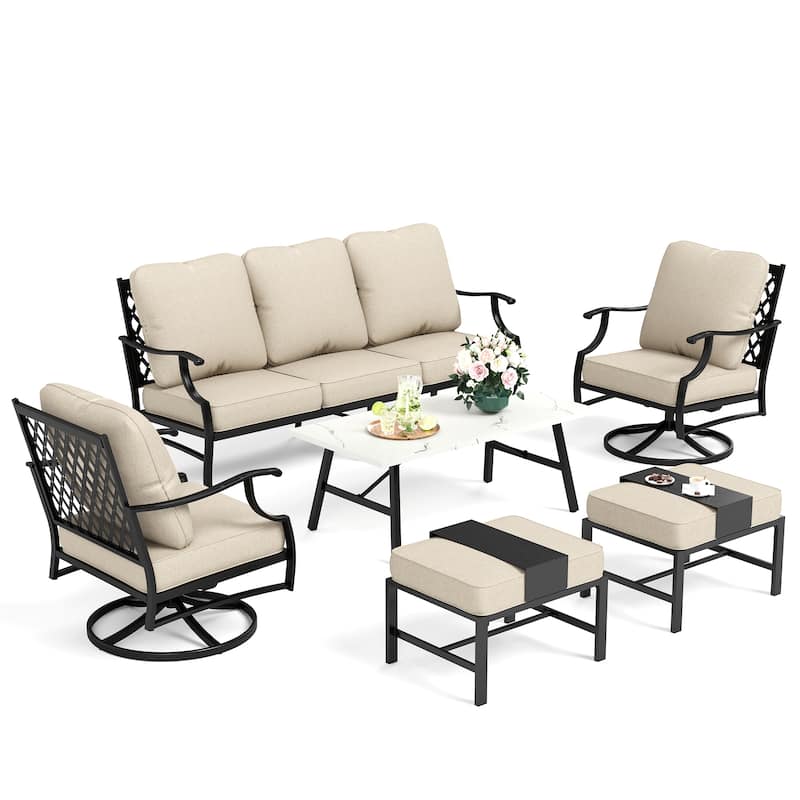 MAISON ARTS Patio Conversation Sets 5/7/9-Seat, Sofa Set with 2 Single Sofa Chairs, 3-Seater Sofa, Ottoman and Coffee Table - 6-Piece - Set 2-Swivel Chairs with Ottoman