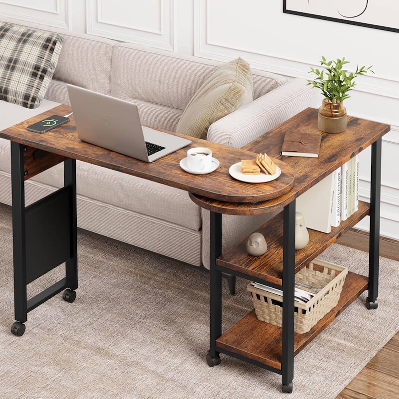 360° Rotating End Table with Charging Station and Wheels