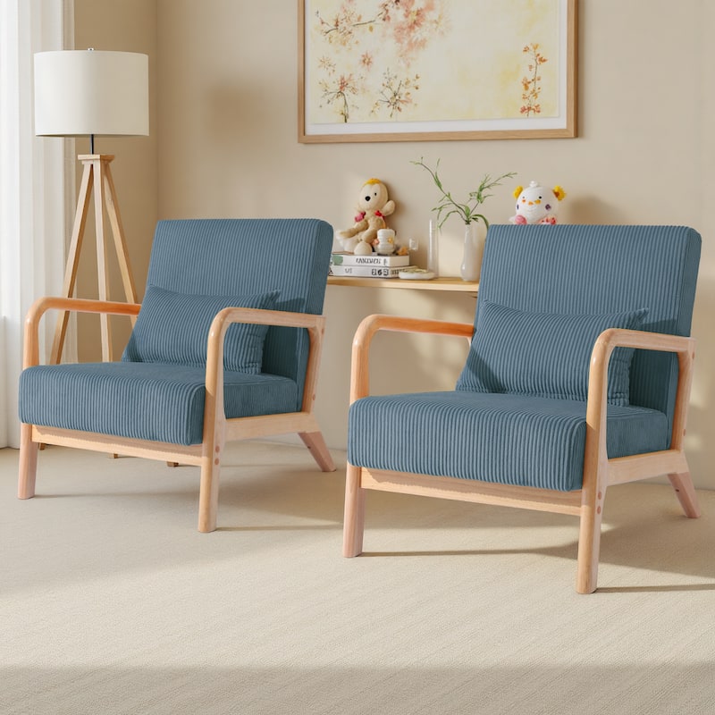 25" W Mid Century Upholstered Wood Accent Chair with Pillow set of 2 - Natural Wood - Blue