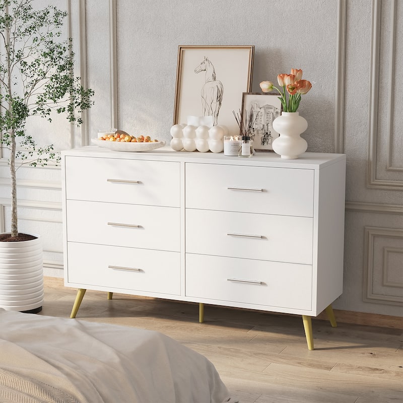 Futzca Dresser, Wood Storage Tower - 6-drawer - Wide-White