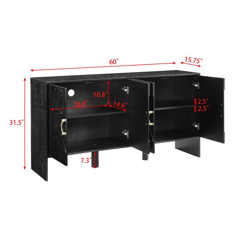 Anmytek Black Wood Grain Sideboard with Geometric Doors and Gold Handles 4-Door Buffet Console
