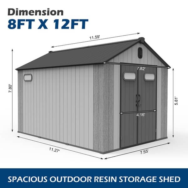 dimension image slide 2 of 6, Domi Outdoor Resin Storage Shed, Waterproof Plastic Garden Shed with Lockable Door, Windows & Vents, Outside Tool Storage Shed