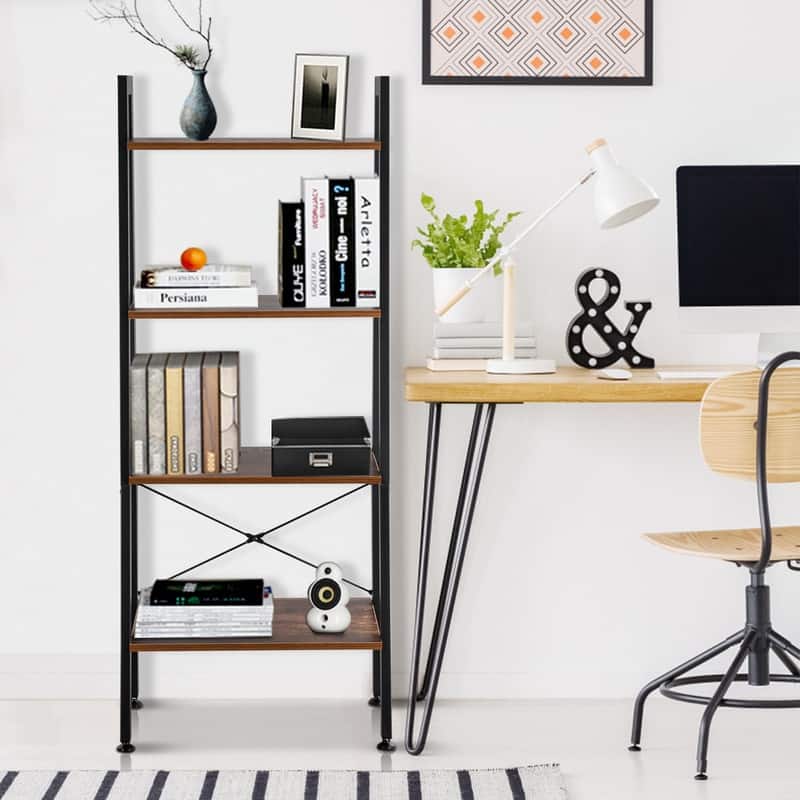 4 Tiers Industrial Ladder Bookcase Storage Rack Shelf Brown