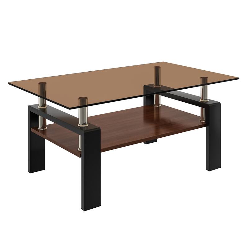 Rectangle Coffee Table, Tempered Glass Tabletop with MDF Layer, Modern Table for Living Room , Brown Glass