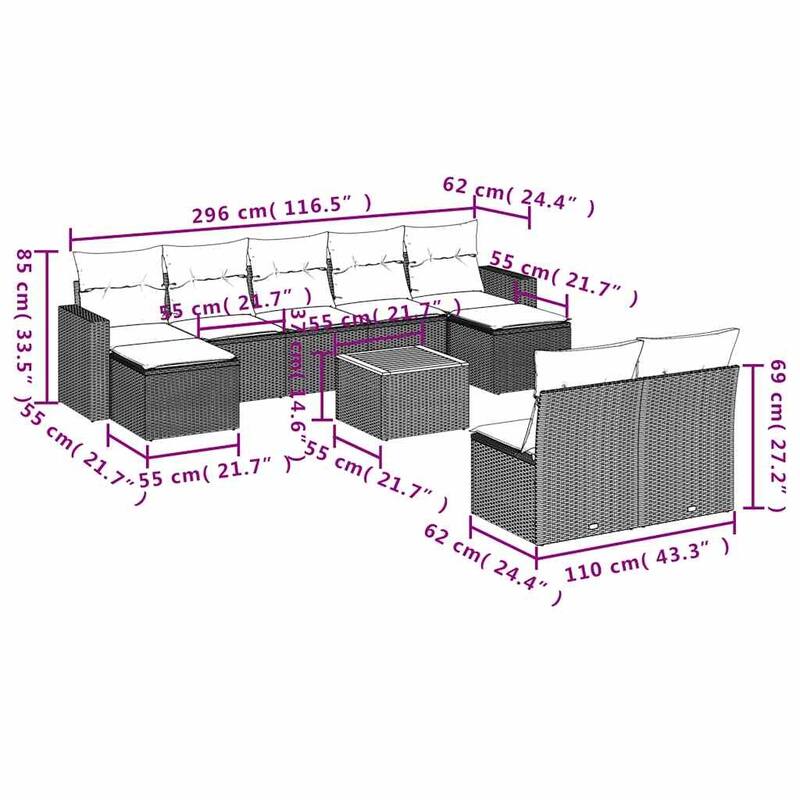 vidaXL 10 Piece Patio Sofa Set with Cushions Black Poly Rattan - 21.7 x 24.4 x 27.2