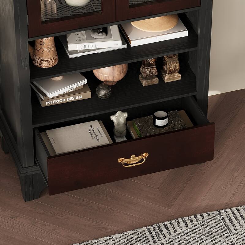 Asian Style Display Cabinet with Glass Doors Accent Curio Cabinet with Drawer Solid Wood and Tempered Glass Storage Shelf