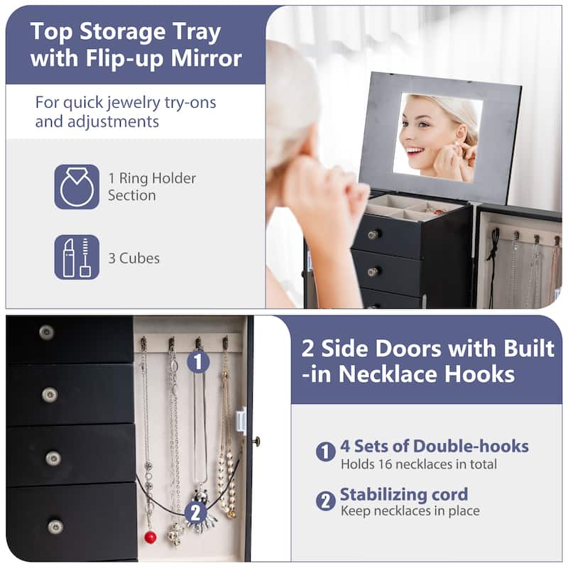 Gymax Mirrored Armoire Jewelry Cabinet Free Standing Organizer Storage - See Details
