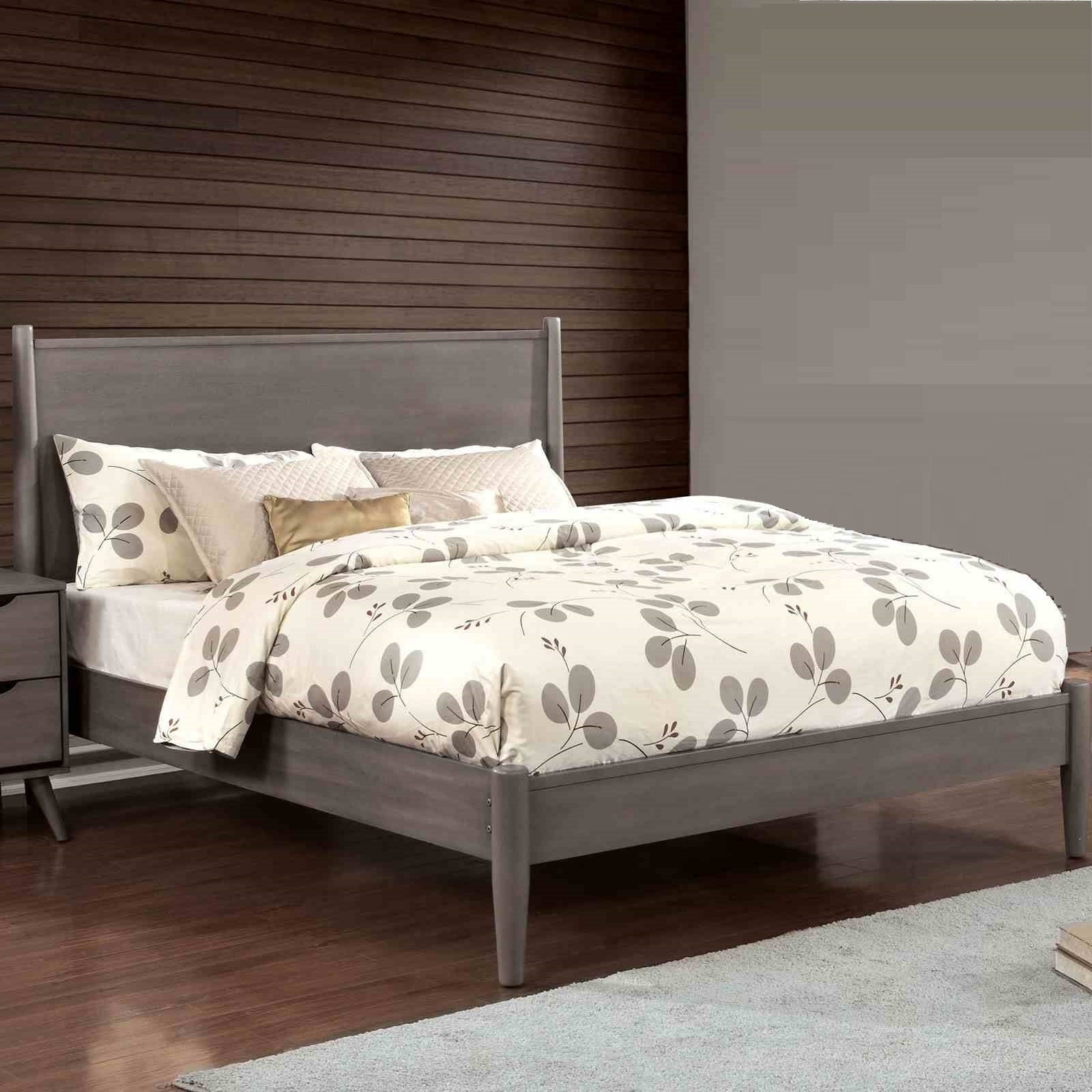 Mid-Century Modern Gray Wood Bedroom Furniture Set Bed Mirror Dresser Chest Nightstand