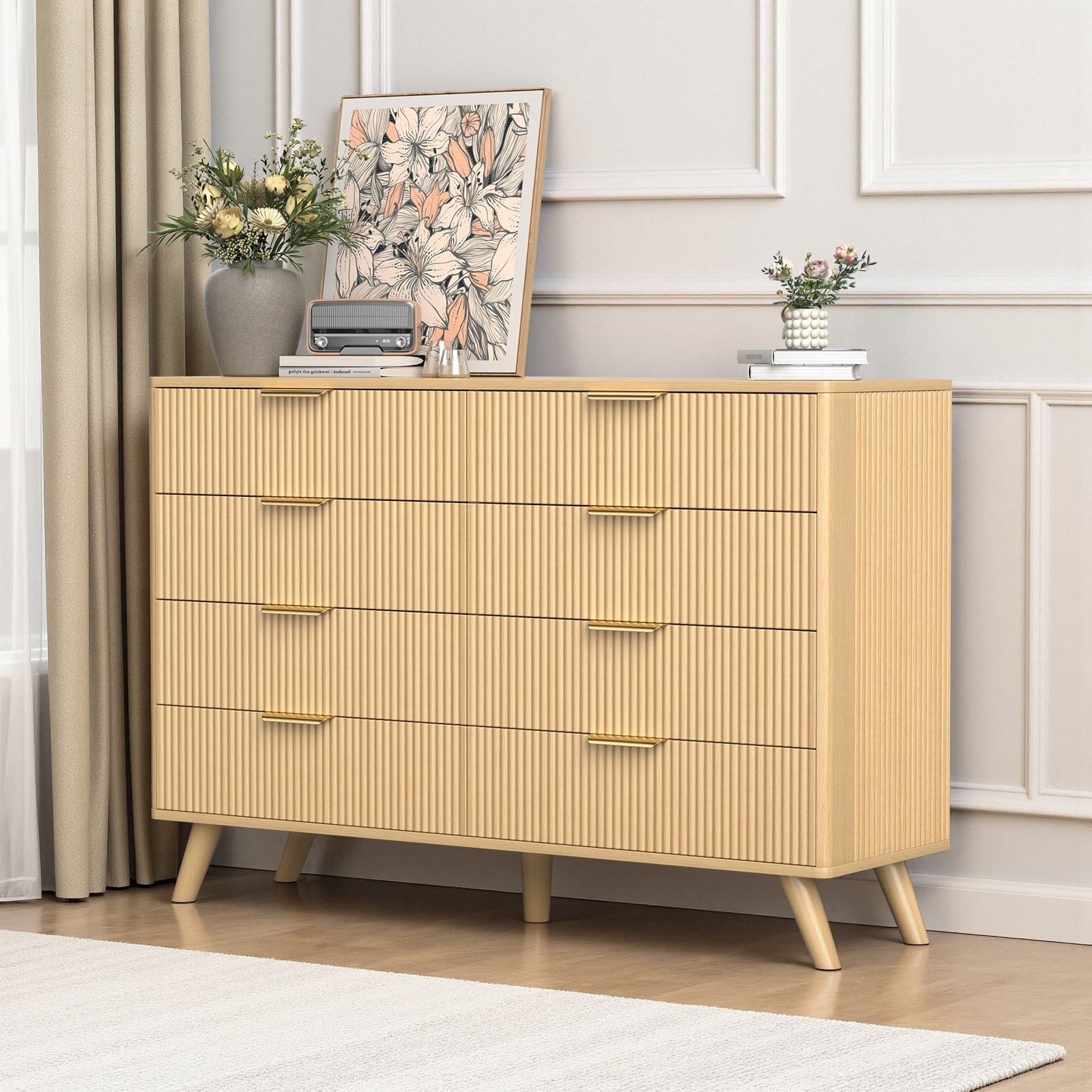 Meyreso Modern Boho Wave Wood Dresser, Wide Storage Cabinet