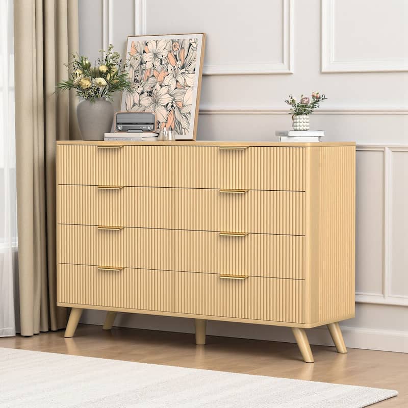Meyreso Modern Boho Wave Wood Dresser, Wide Storage Cabinet - Oak - 8-drawer