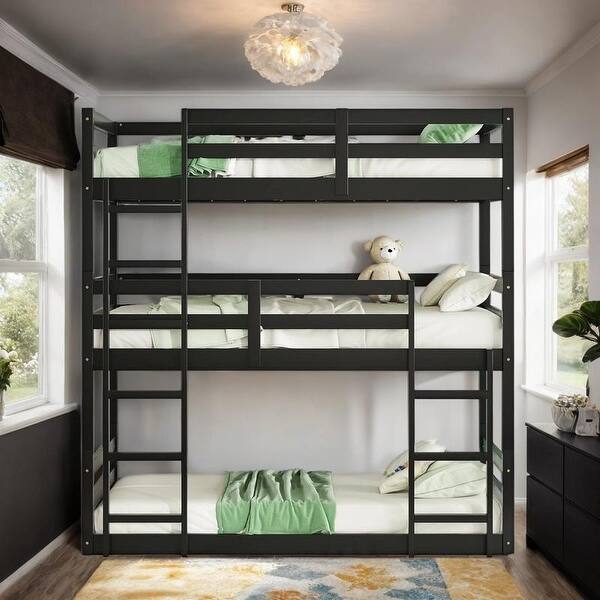 slide 2 of 11, Artsy Rubber Wood Bunk Bed with Two Built-in Ladders, Guardrails, Twin over Twin over Twin, Detachable Triple Bunk Bed, Black Black