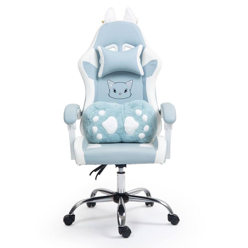 Cute Gaming Chair with Cat Paw Lumbar Cushion and Cat Ears, Ergonomic Computer Chair,Reclining PC Game Chair