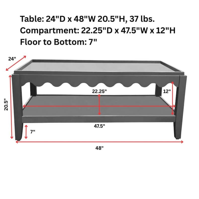 Carolina Chair & Table Scallop Coffee Table - Rectangular Mango Wood Side Table - Decorative Edge and Lower Shelf