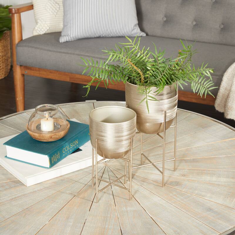 Silver, Gold or Gray Metal Modern Planter with Removable Stand (Set of 2) - S/2 6", 5"W - Silver