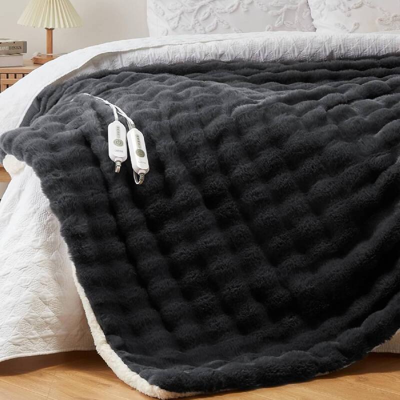 Dual Control Faux Fur Soft Bubble Electric Heating Blanket, Dark Grey - 90*100 inch