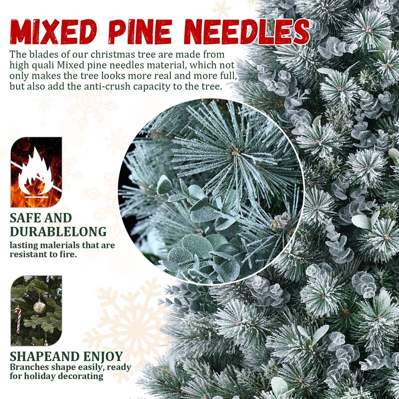 4FT Flocked Christmas Tree with Pine Needles & Eucalyptus Leaves, 404 Tips, Hinged Branches,Metal Stand-Snowy Artificial Tree