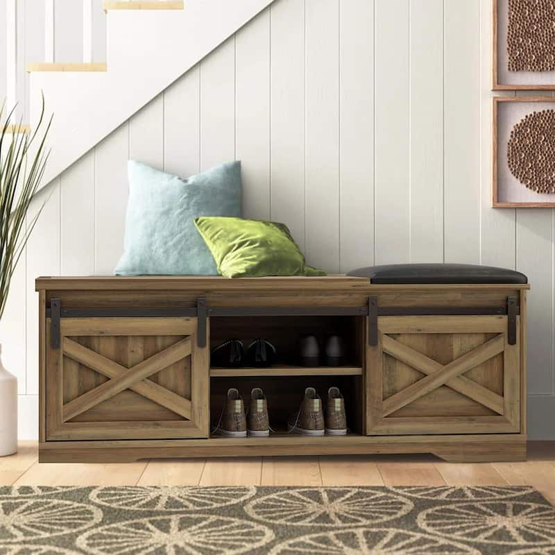WESOME 47 inch Shoes Bench with Sliding Barn Door Storage Cabinet and Adjustable Shelves - 47.24"Lx15.35"Dx18.7"H