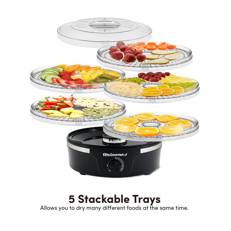 Elite Gourmet Food Dehydrator with Adjustable Temperature Dial and 5 Trays, Black with Clear Trays