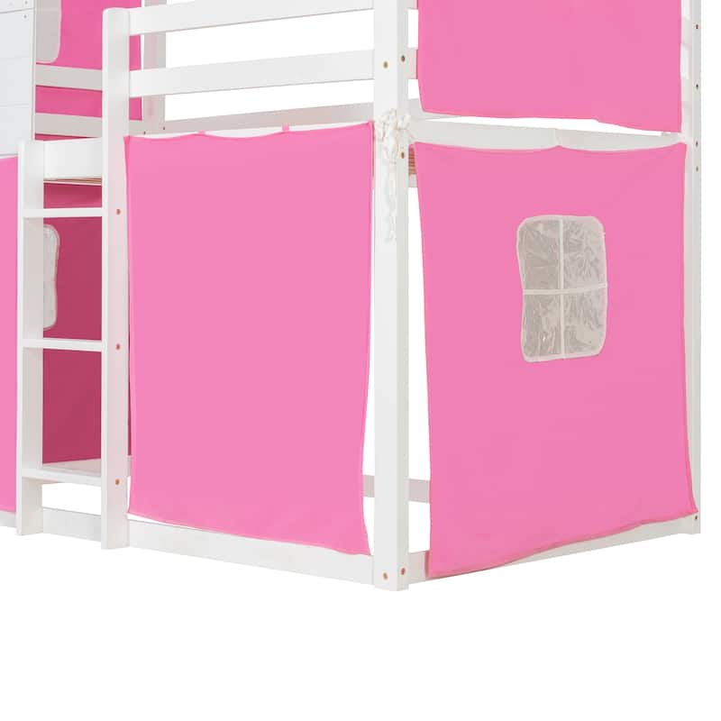 Twin Size Bunk Bed with Playhouse Tent Design and Solid Pine Wood Frame