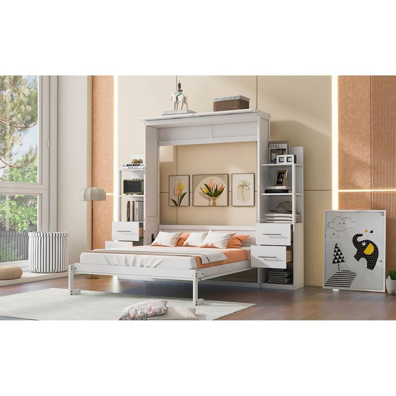 Roomfitters Queen Size Murphy Bed with Shelves, Foldable Wall Bed with Storage and Lighting