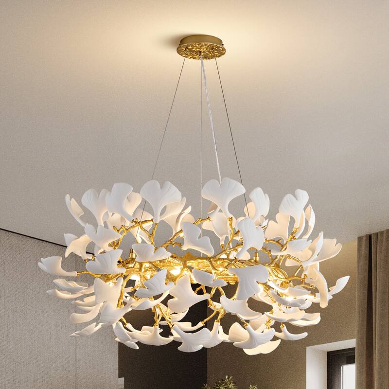 Modern Ginkgo Leaf Ceramic Chandelier, Moon Ring Round Pendant Light, D550-D1200, Gold Finish - 32in