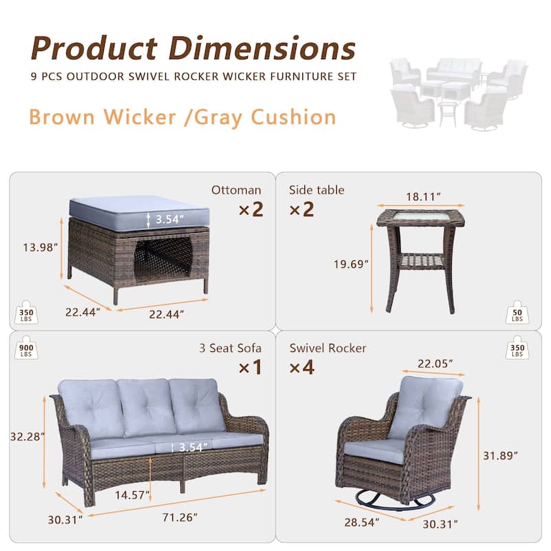 9 Piece Outdoor Patio Furniture Set Wicker Swivel Chair with Ottoman