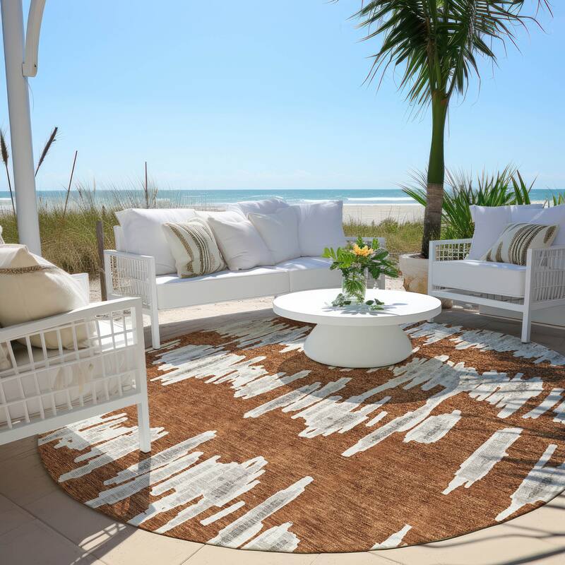 Machine Washable Indoor/ Outdoor Chantille Abstract Contemporary Rug - Paprika - 8' x 8'