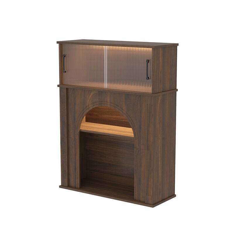 LED Lighted Display Cabinet with Fluted Glass Doors, Wooden Sideboard Buffet Cabinet for Living Room or Dining Room