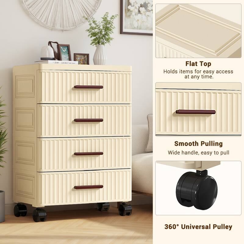 Plastic Drawer Storage 18.9" Wide Plastic Chest Of Drawers For Bedroom Fluted Design Storage Organizer Cart With Wheels