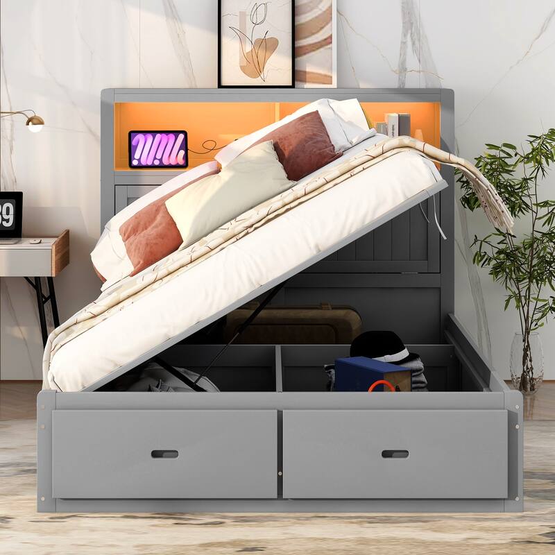 Queen Size Hydraulic Platform Bed with Storage, LED Headboard, Charging Station, and Drawers, Gray