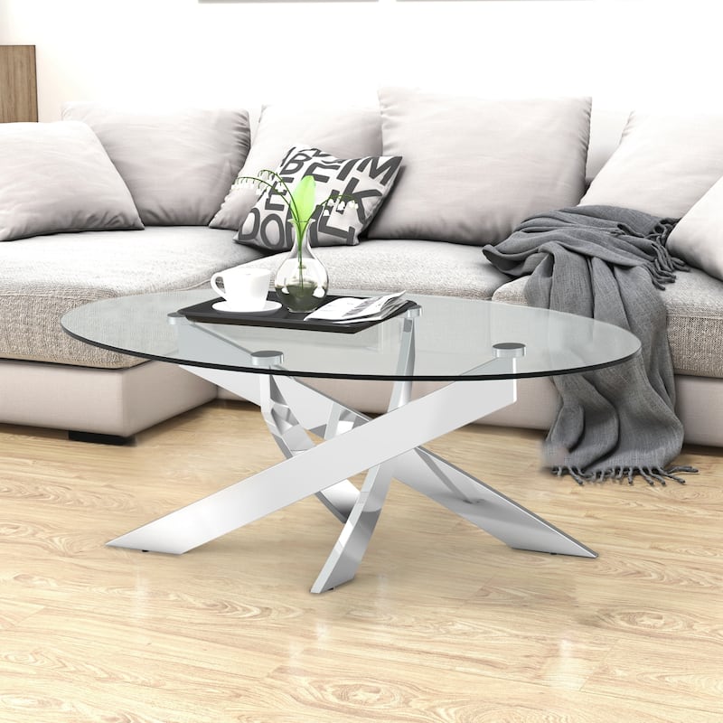 47.3" Modern Tempered Glass Coffee Table with Criss-Cross Legs - Silver