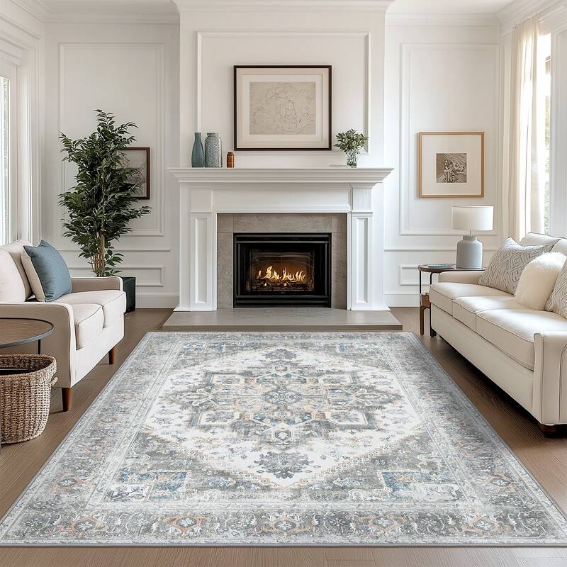 Mcow Vintage Gray Classical Pattern Ultra-Thin Low-Pile 5x7 Non-Slip Washable Area Rug - 5' x 7'