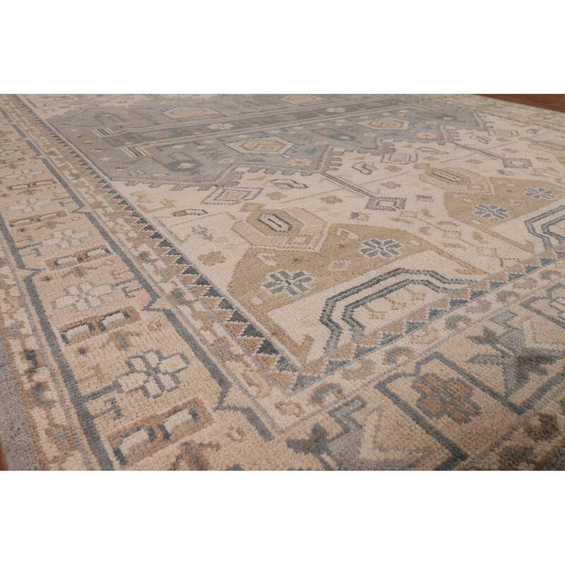 Geometric Khotan Indian Area Rug Hand-Knotted Beige Wool Carpet - 8'10" x 11'10"