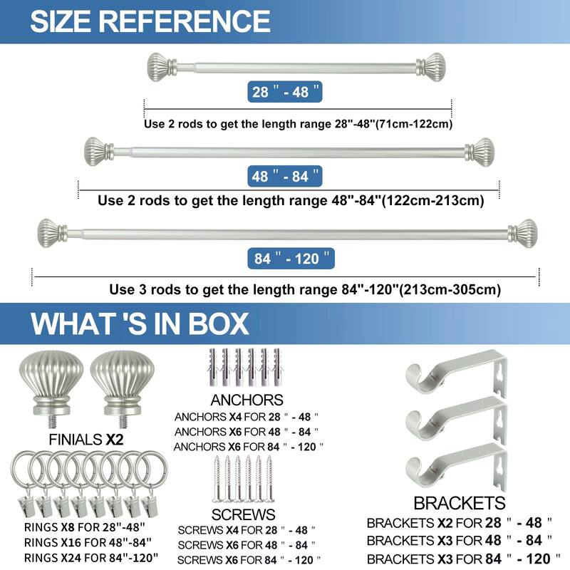 Modern Fluted Ball Adjustable Drapery Curtain Rod with Clip Rings