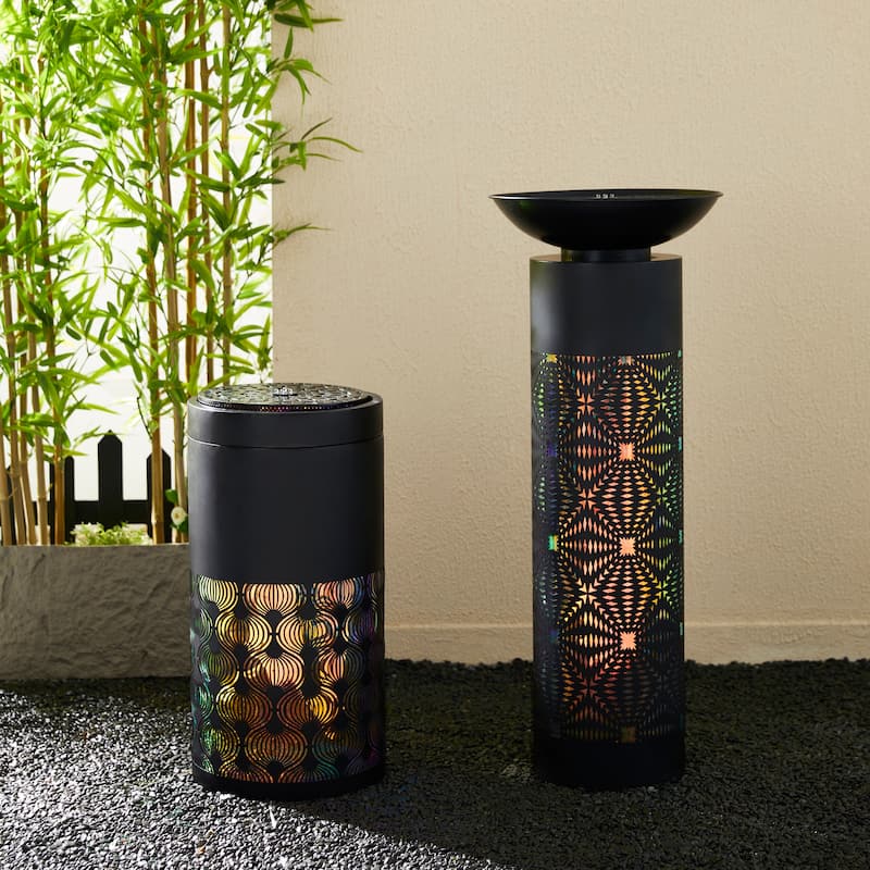 Glitzhome 24"H/35"H Metal Modern Cutout Pattern Outdoor Floor Fountains with Laser Lighting