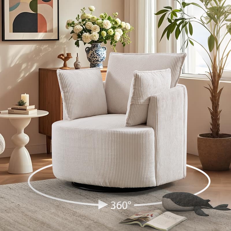 Swivel Accent Chair,360°Swivel Barrel Chair with 3 Pillows Corduroy Round Armchair Single Sofa Chair for Living Room Bedroom - Beige