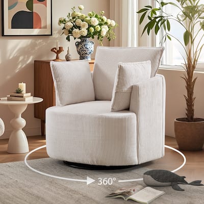 Swivel Accent Chair,360°Swivel Barrel Chair with 3 Pillows Corduroy Round Armchair Single Sofa Chair for Living Room Bedroom